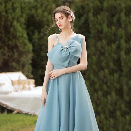 Satin Blue Prom Dress, Halter Bridesmaid Dress,..