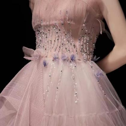 Pink Star Party Dress, Strapless Beaded Prom..