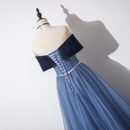 Dream Sky Grey Blue Prom Gown, Off-the-shoulder..