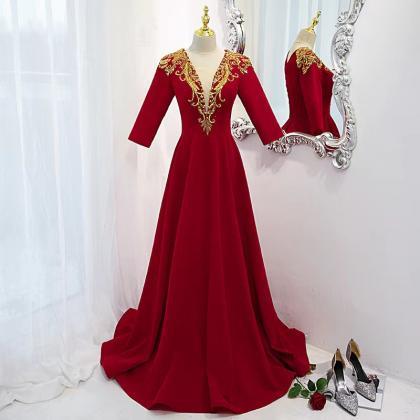 Sexy, Deep V-neck Midsleeve Evening Dress, Red..