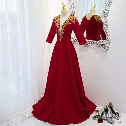 Sexy, Deep V-neck Midsleeve Evening Dress, Red..