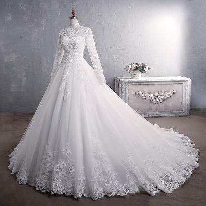 Lace Wedding Dress, , Stand Neck Long Sleeve..