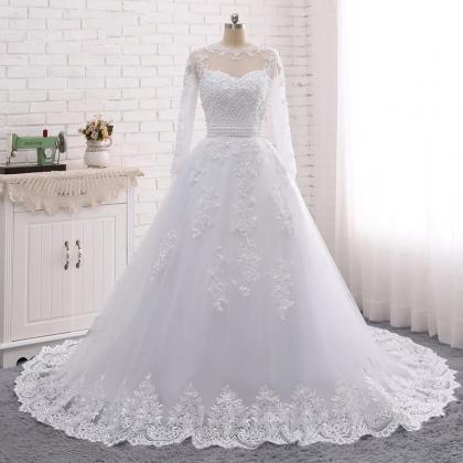 Long Sleeve Wedding Dress, Backless Lace Applique..