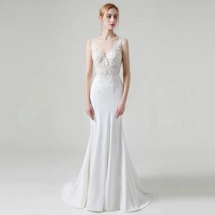 V Neck Wedding Dress, Mermaid Light Wedding Dress,..