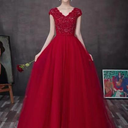 V-neck Party Dress,cap Sleeve Prom Dress,red..