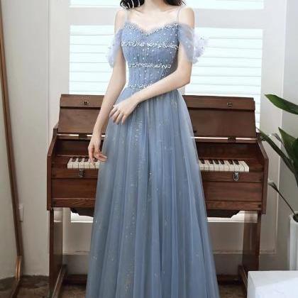 Blue Evening Dress, Halter Party Dress, Elegant..