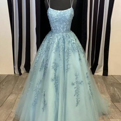 Blue Tulle Lace Applique Dress, Long Ball Gown..