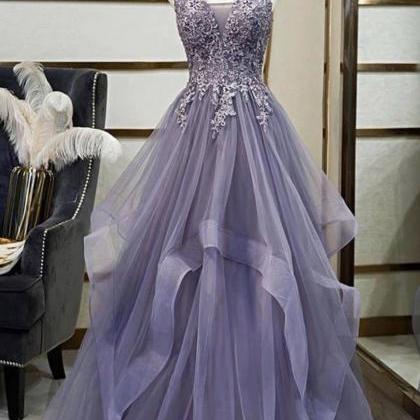 Purple Tulle A-line Party Dress, V-neck Spaghetti..