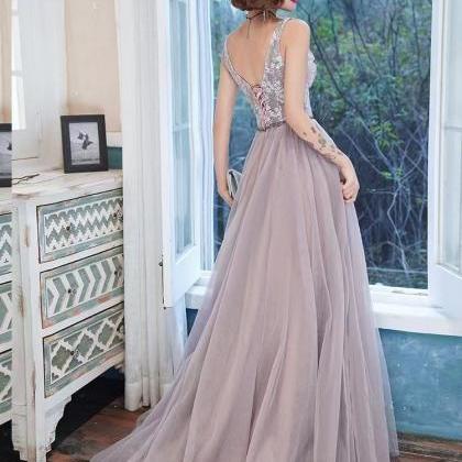 V-neck Party Dresses, Light Purple Prom..