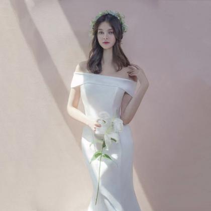 Off Shoulder Satin Light Wedding Dress, White..