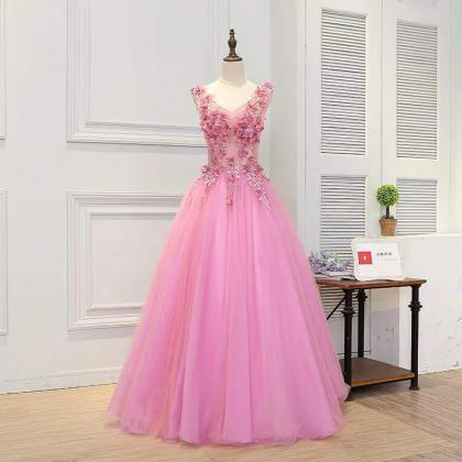 V-neck Evening Dress, Pink Prom Dress, Fairy..
