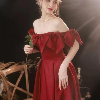 Satin Red Dress, Off Shoulder Evening Dress, Cute..