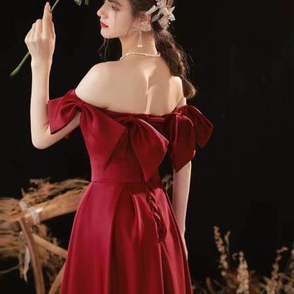 Satin Red Dress, Off Shoulder Evening Dress, Cute..