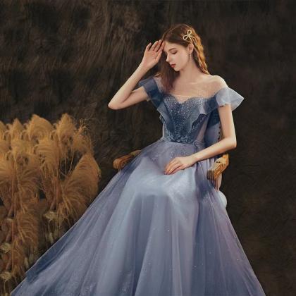 Blue Starry Prom Gown, Off Shoulder Evening..
