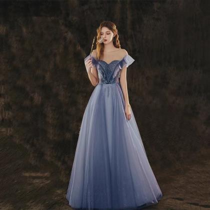 Blue Starry Prom Gown, Off Shoulder Evening..