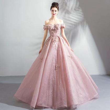 Off Shoulder Party Dress, Pink Prom Dress,princess..