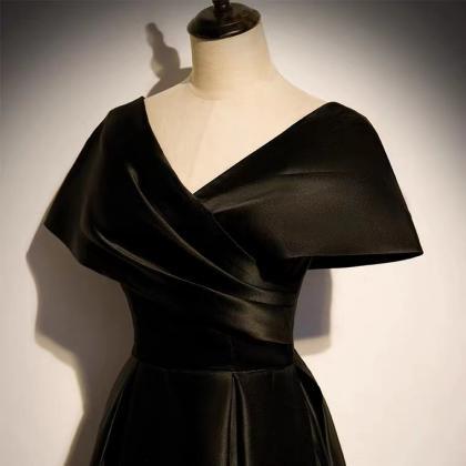 V-neck Party Dress,black Prom Dress,satin Evening..