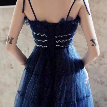 Spaghetti Strap Party Dress,navy Blue Prom Dress..