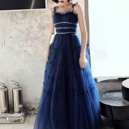 Spaghetti Strap Party Dress,navy Blue Prom Dress..