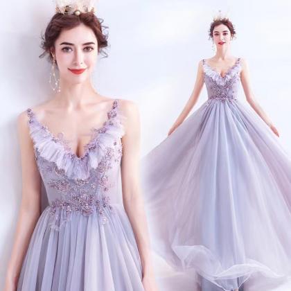 Lavender Party Dress, Fairy Prom Dress,chic V-neck..