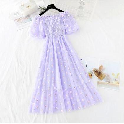 Daisy Embroidery Tulle Dress, Off Shoulder..