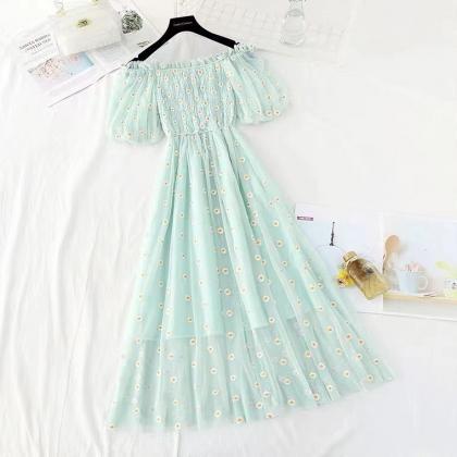 Daisy Embroidery Tulle Dress, Off Shoulder..