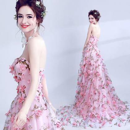 Bean Pink Flower Lace Strapless Dress, Romantic..