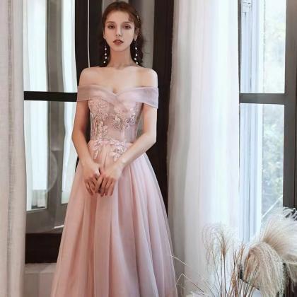 Off Shoulder Prom Dress, Elegant Pink Evening..
