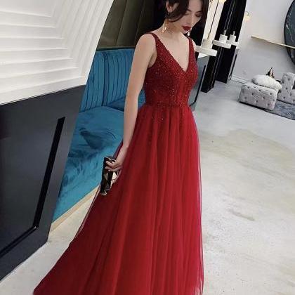 Long Red Prom Dress, Sexy V-neck Evening Dress,..