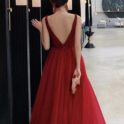 Long Red Prom Dress, Sexy V-neck Evening Dress,..