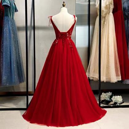 V-neck Red Long Prom Dress, Fairy Evening Dress..