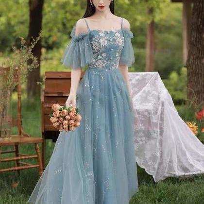 Blue Prom Dress,spaghetti Strap Party Dress,sequin..