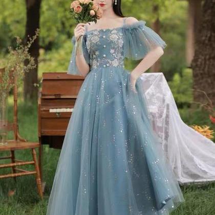 Blue Prom Dress,spaghetti Strap Party Dress,sequin..