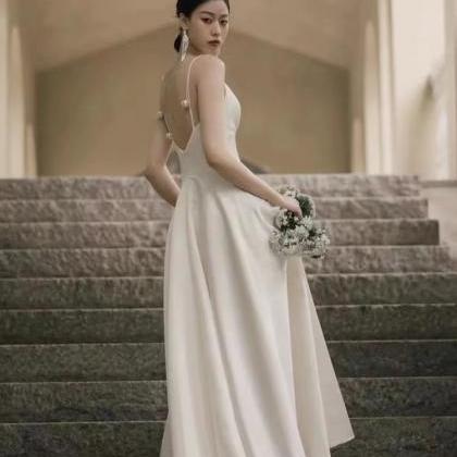 Spaghetti Wedding Dress, Slit Bridal Dress,white..