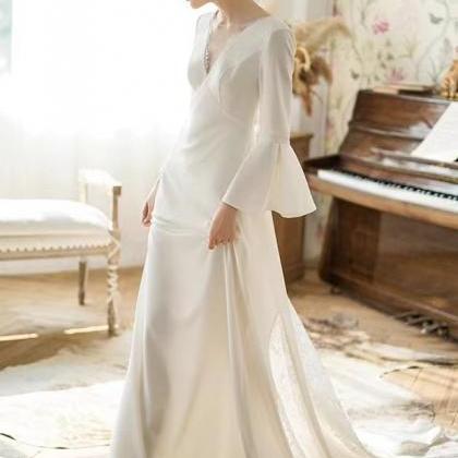 Elegant Wedding Dress,v-neck Bridal Wedding Dress, Long Sleeve Wedding ...