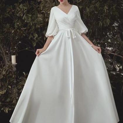 V-neck Bridal Dress,elegant Long Sleeve Wedding..