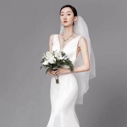 V-neck Bridal Dress,satin Mermaid Wedding Dress..