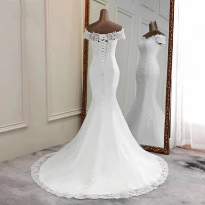 Off Shoulder Fantasy Bridal Gown, Slim Wedding..