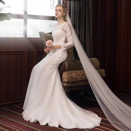 Mermaid Wedding Dress, Long Sleeve White Lace..