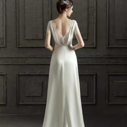 White Wedding Dress, V-neck Wedding Dress, Satin..