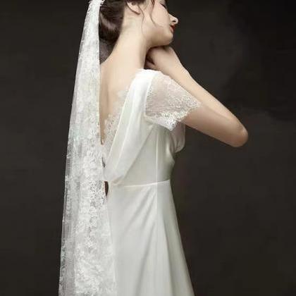 White Wedding Dress, V-neck Wedding Dress, Satin..