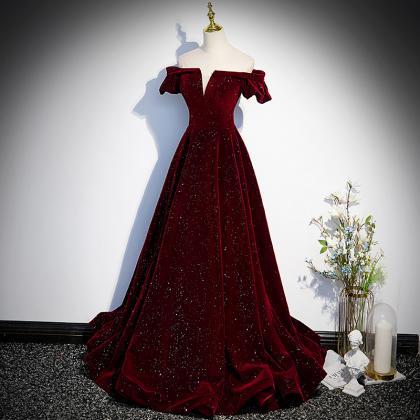 Burgundy Prom Dress,Velvet Off Shou..