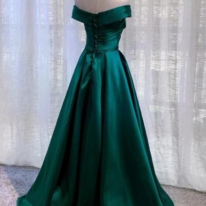Beautiful Green Satin Evening Dress,off Shoulder..