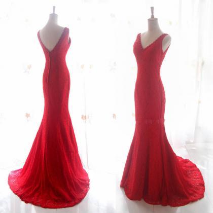 V-neck Lace Red Evening Dresses Sweep Train, Prom..