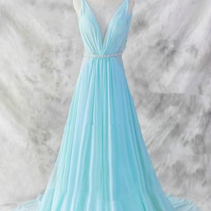 Baby Blue Chiffon Floor Length V-neckline Prom..