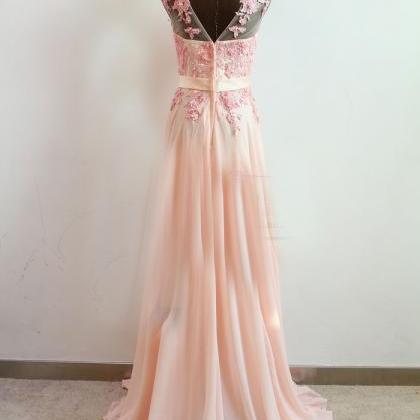 Pink Lace Floor Length Prom Dresses, Long Pink..