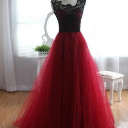 Tulle And Lace Burgundy Prom Dresses , Burgundy..