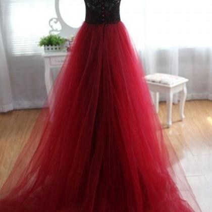 Tulle And Lace Burgundy Prom Dresses , Burgundy..