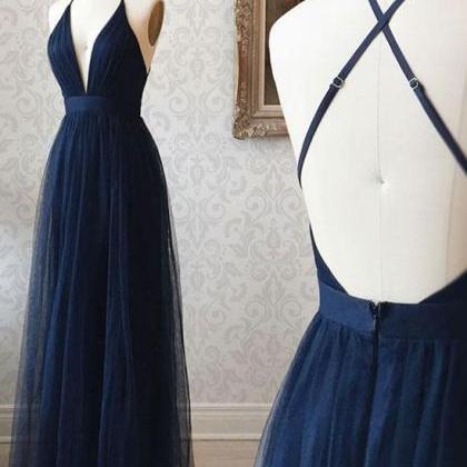 Simple V Neck Tulle Long Prom Dress, Dark Blue..