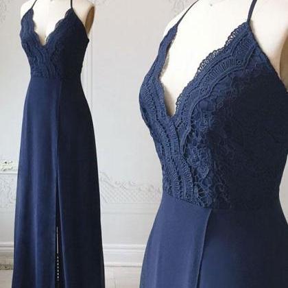 Navy Blue Bridesmaid Dress,v Neck Chiffon Lace..
